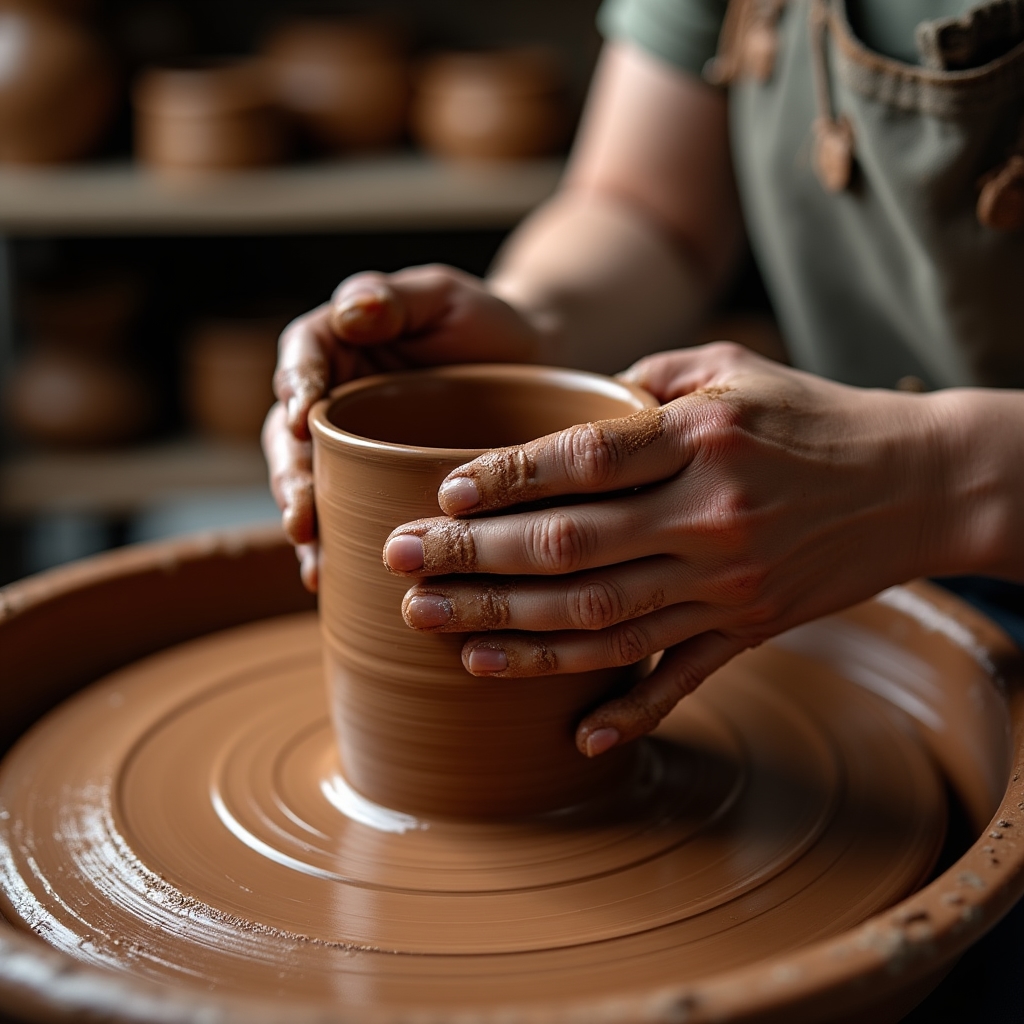 Cană ceramică smălțuită pe roata olarului, mâini de meșteșugar modelând lutul umed