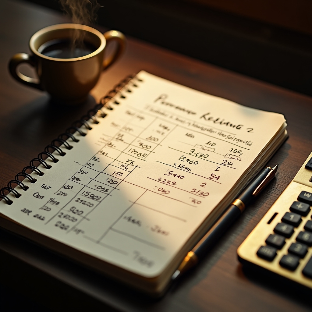 Caiet de notițe cu calcule de costuri pentru produse artizanale, stilou și calculator pe birou