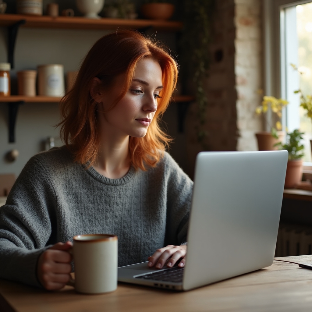 Meșteșugară care citește articole pe laptop în atelierul său cu produse handmade în fundal