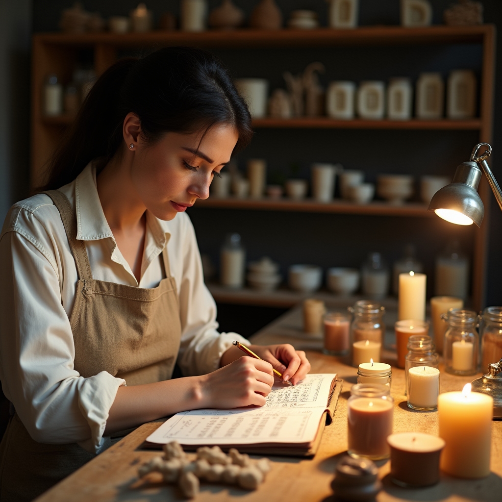 Meșteșugar la masa de lucru cu produse handmade și notițe de calcul