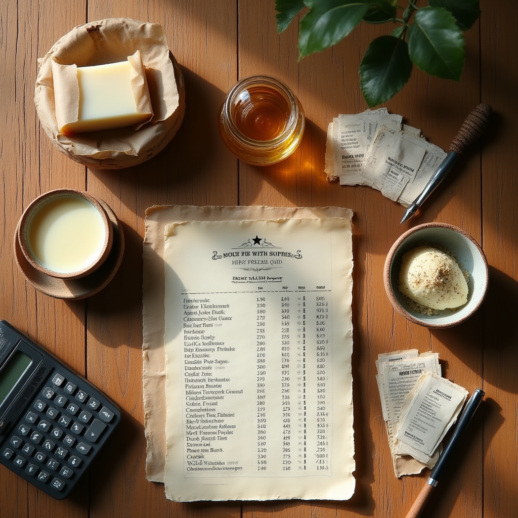 Tabel de calcul al prețului pentru produse handmade pe o masă de lemn
