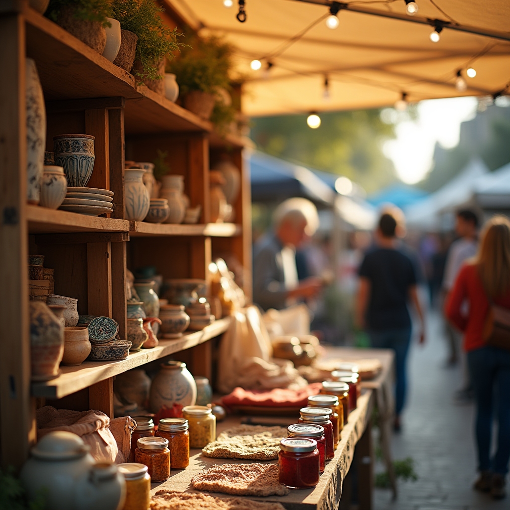 Stand de meșteșuguri la un târg de weekend cu produse handmade expuse