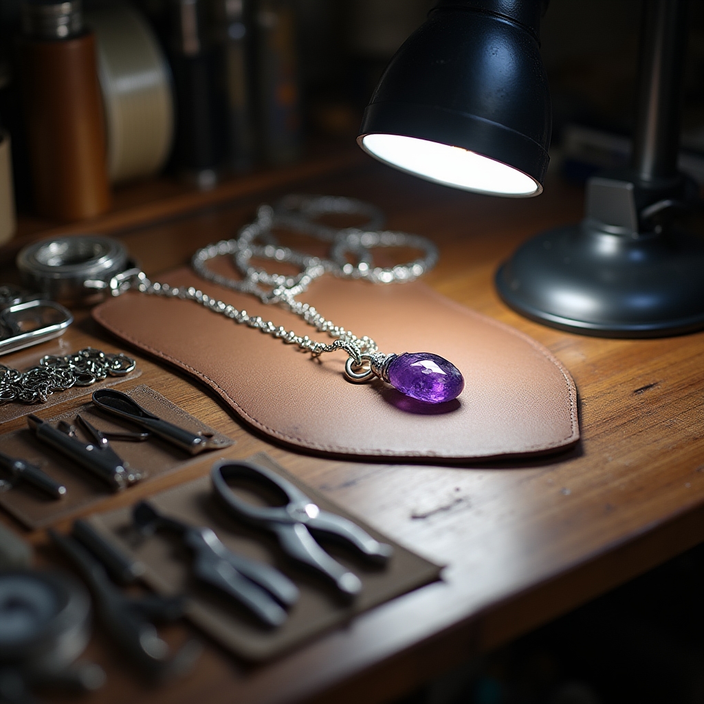 Atelier de bijuterii handmade cu unelte, sârmă de argint și pietre semiprețioase pe o suprafață de lemn